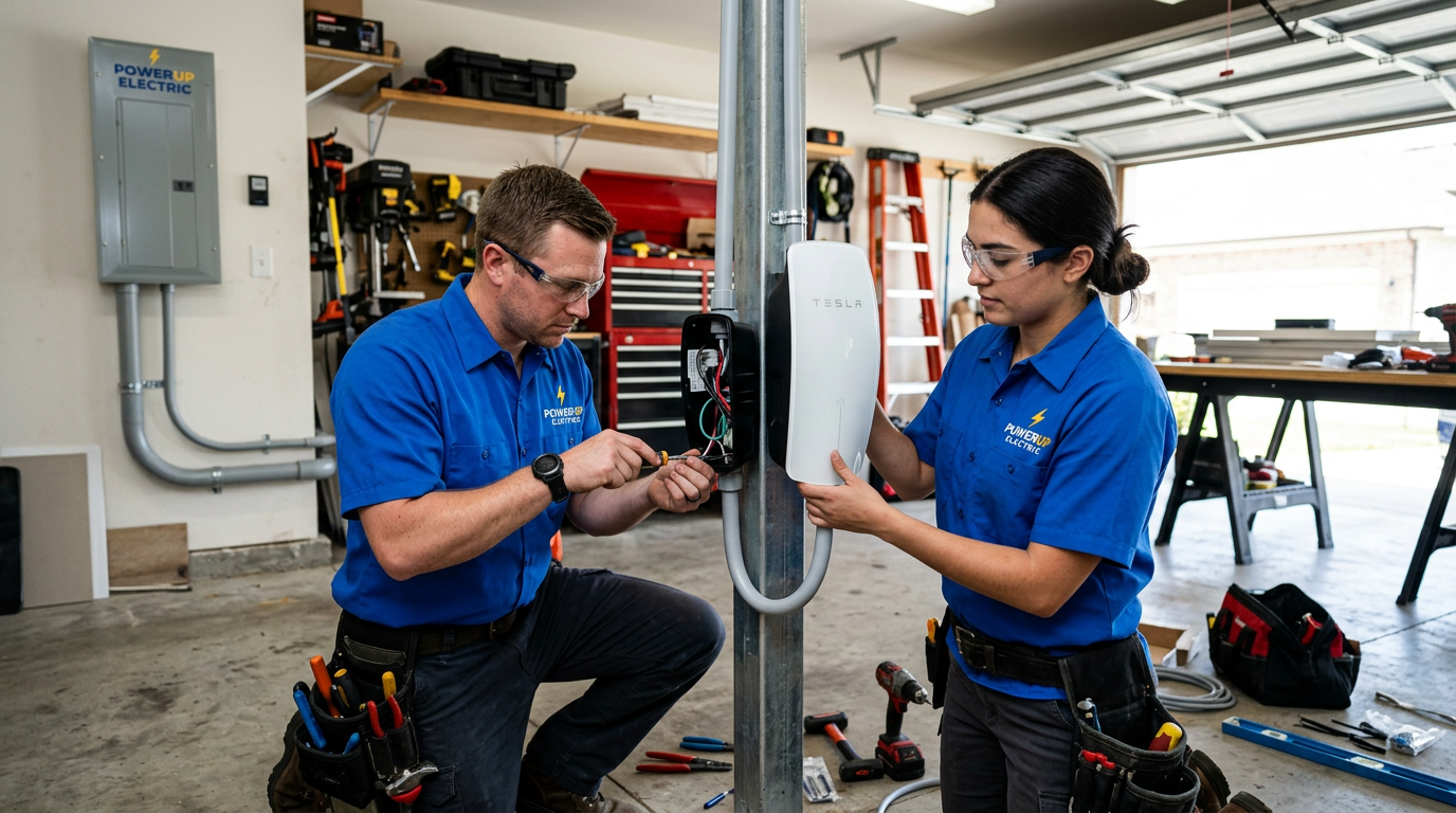 Licensed electricians installing a wall-mounted Tesla Wall Connector style Level 2 charger in a home garage.